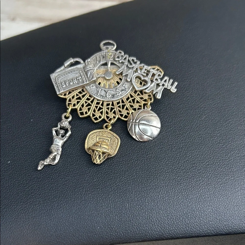Vintage Gold and Silver Basketball Mom Charm Brooch
